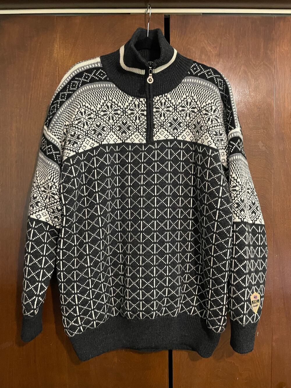 Windfjord Of Norway Wool Fair Isle 1/4 Zip Black White Mens XL Pull Over Sweater